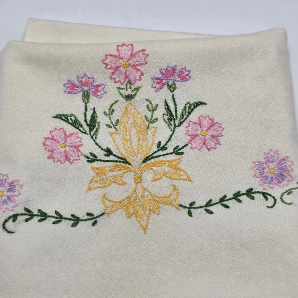 Vintage Pillowcase 90s Hand Embroidered Cream Floral Pink Purple Cottagecore Bed